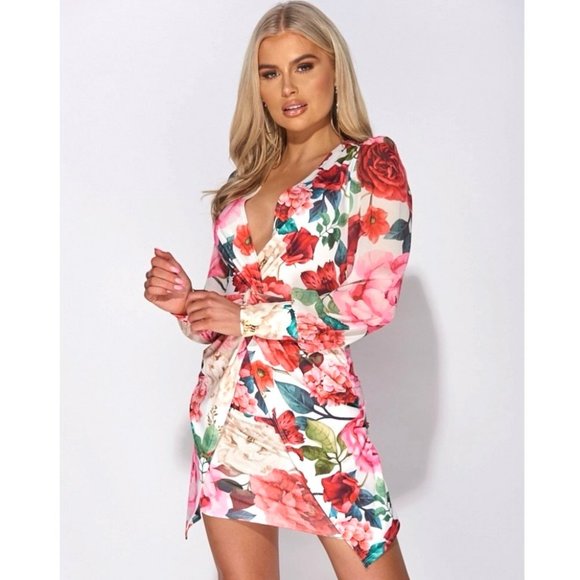 White Floral Print Long Sleeve V-Neck Bodycon Mini Dress - Picture 6 of 10